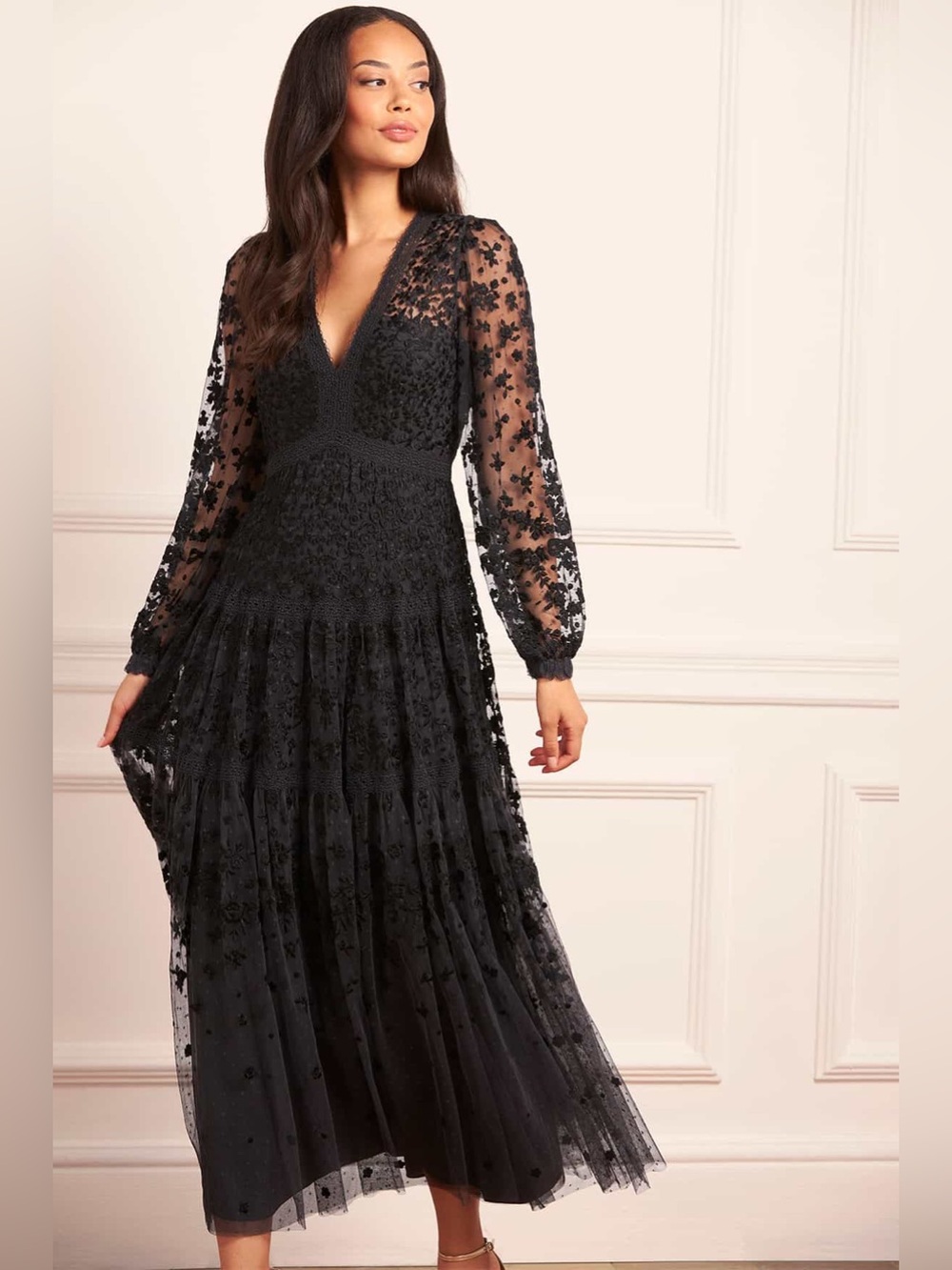 Needle & Thread Celestia Ribbon Ankle Gown in Black, Size 14